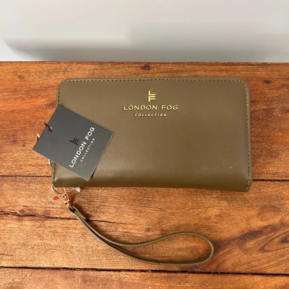 London Fog Collection Olive Green Wristlet Wallet Gold Tone Hardware NWT